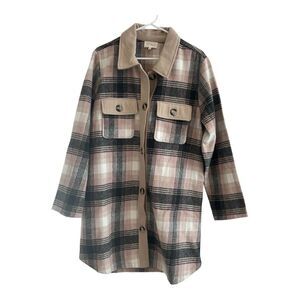 Melloday Long Plaid Shacket Black/Pink/Cream Button Down Pockets‎ Womens Size XL